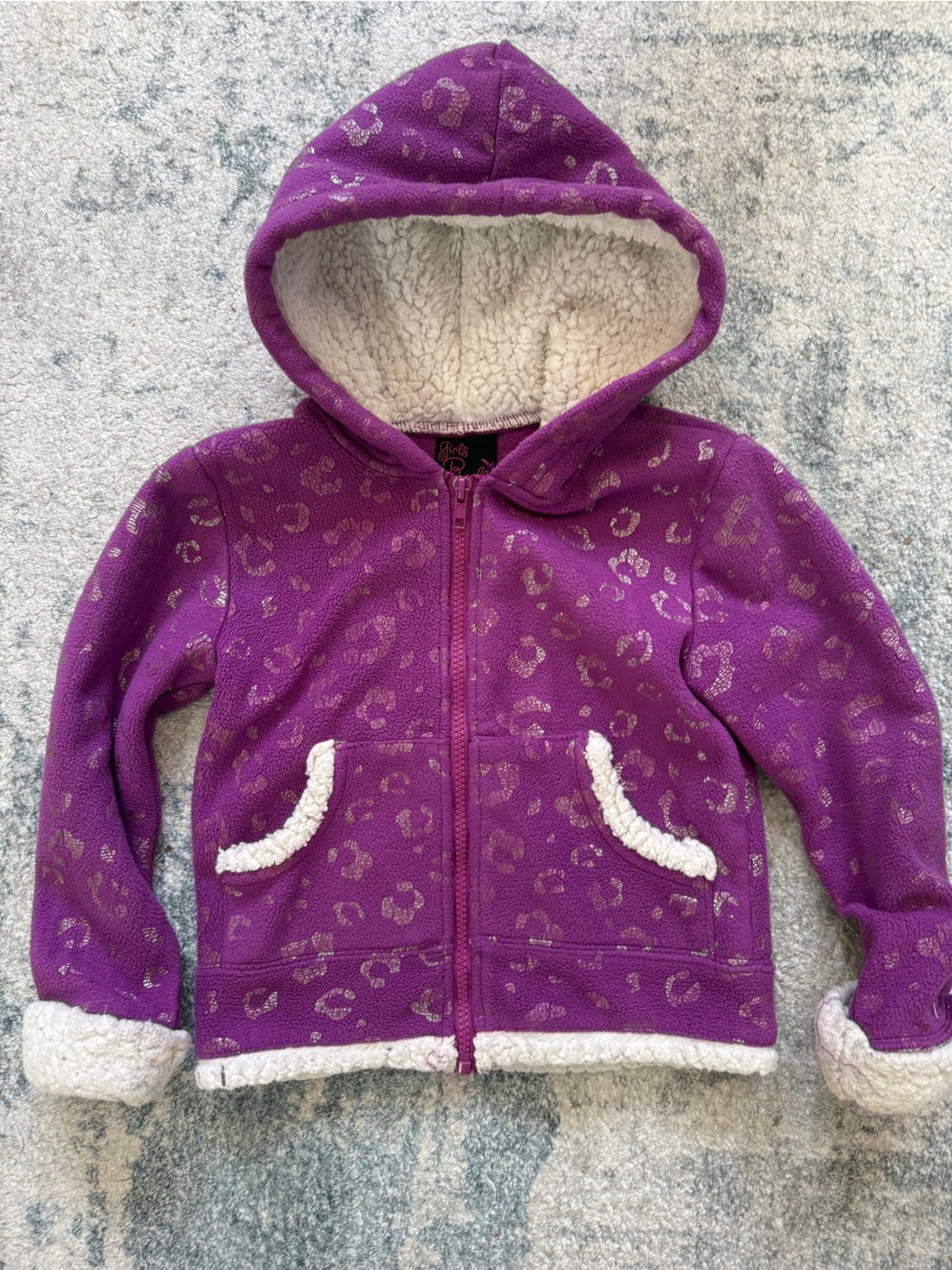 Girls' Purple Sherpa-Lined Hooded Jacket with Metallic Leopard Print